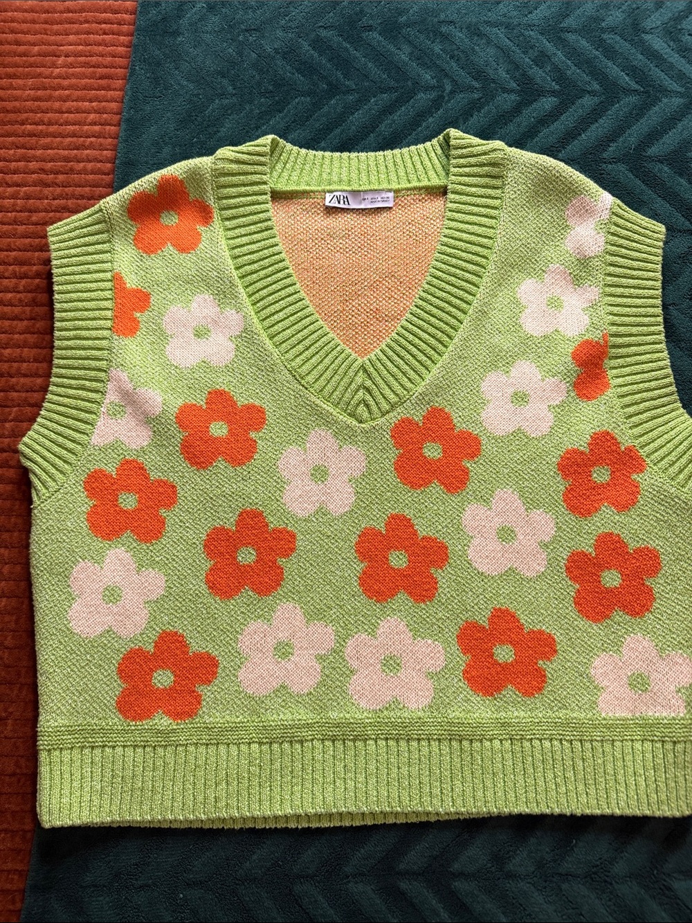 Zara Lime Green V-Neck Floral Knit Sweater Vest with Orange & Cream Flowers